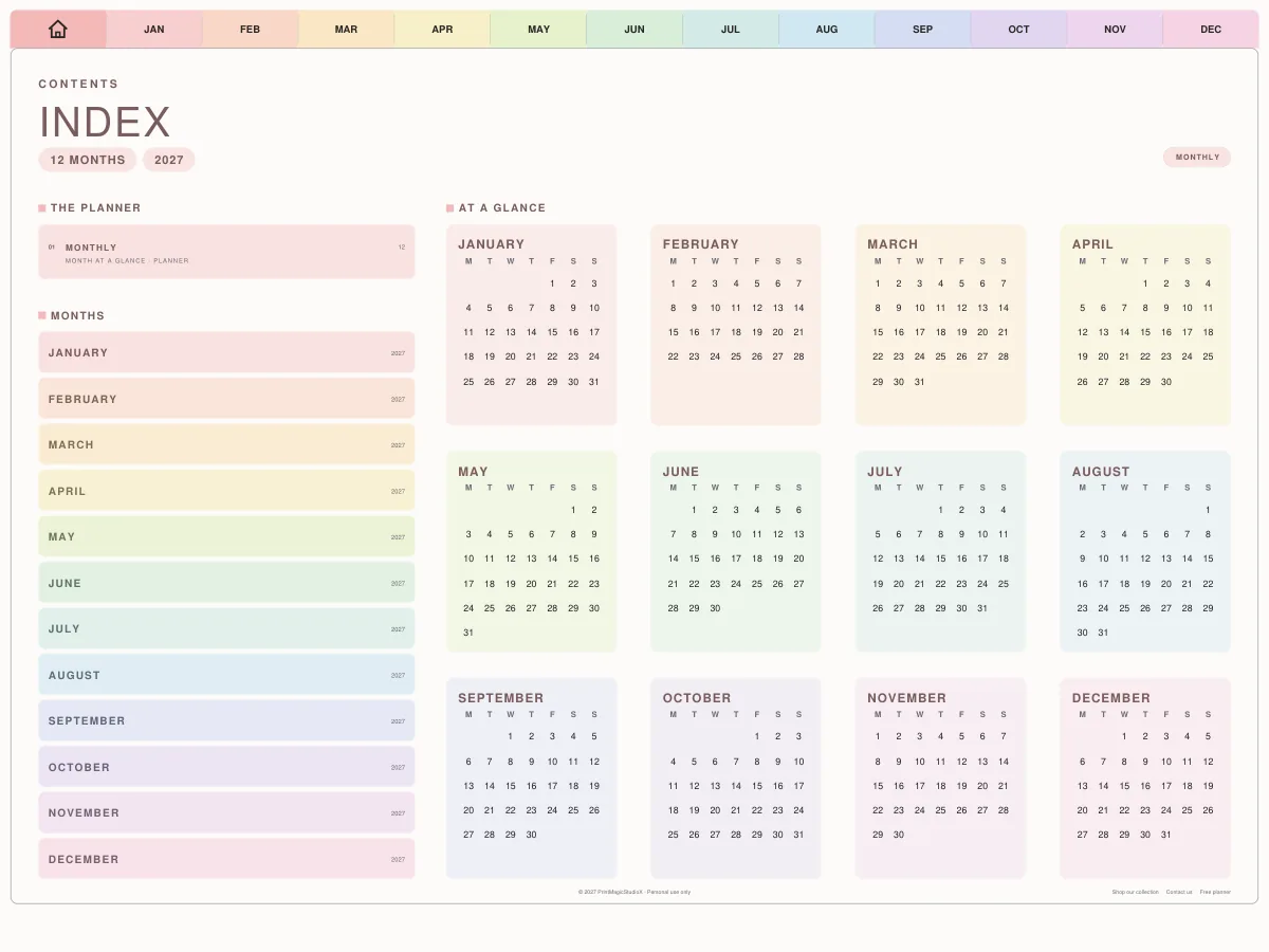The year at a glance: Twelve small calendars of 2027 on the index, each month's name a link.
