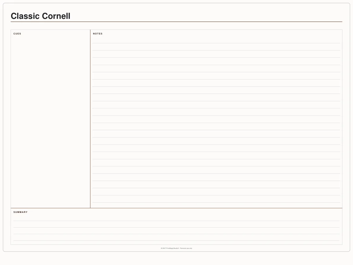 Classic Cornell: The three-part note page: cues, notes and a summary strip.