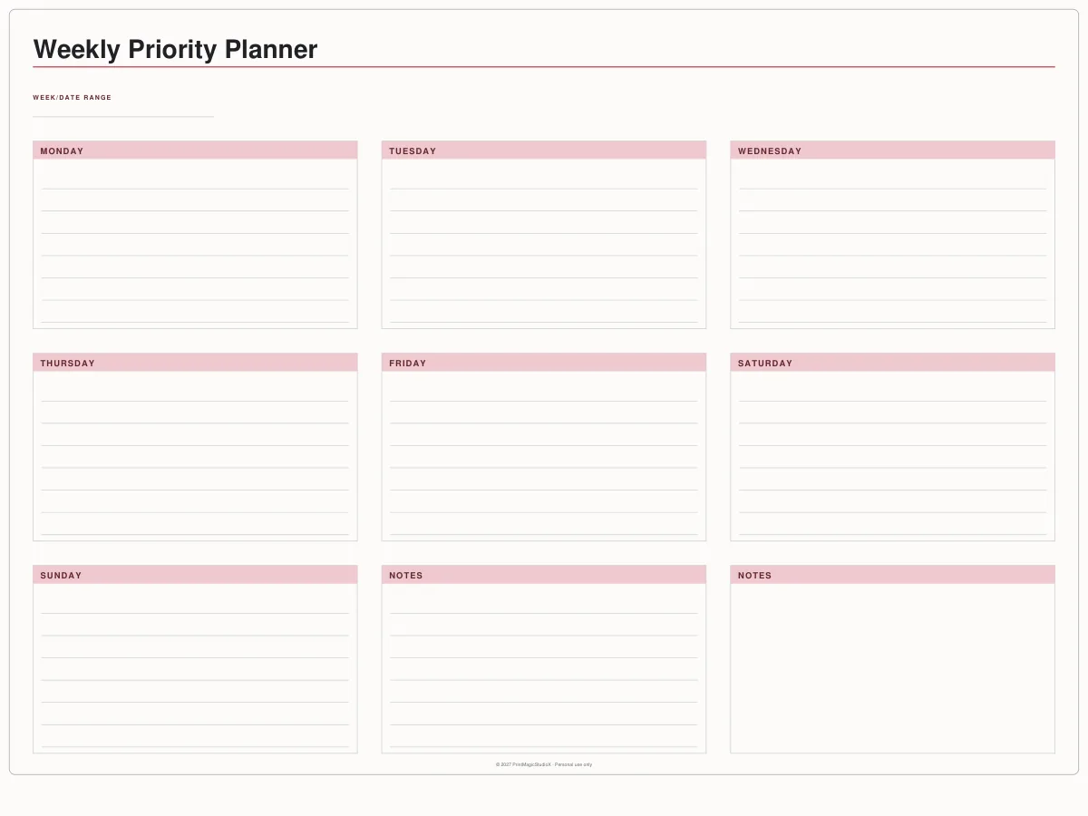 The free undated weekly planner page: a box for each day and two notes panels