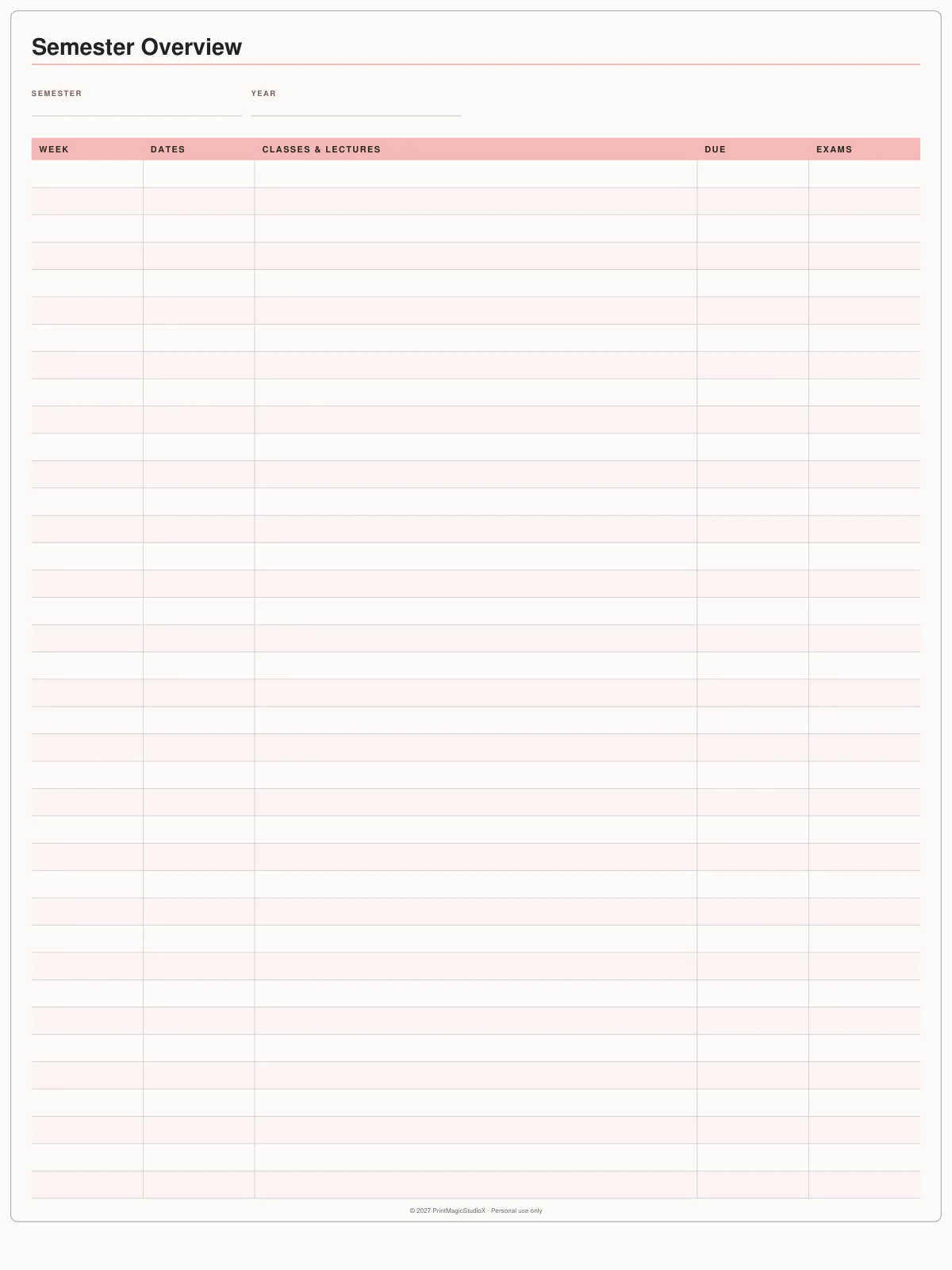 Semester Overview: Every week of the term: dates, classes and lectures, what is due, exams.