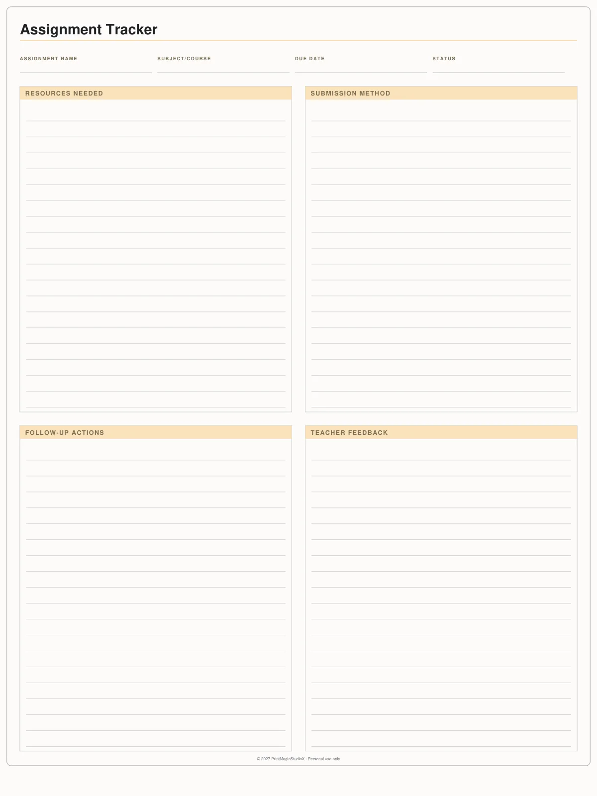 Assignment Tracker: One assignment a page: resources, submission, follow-ups and feedback.