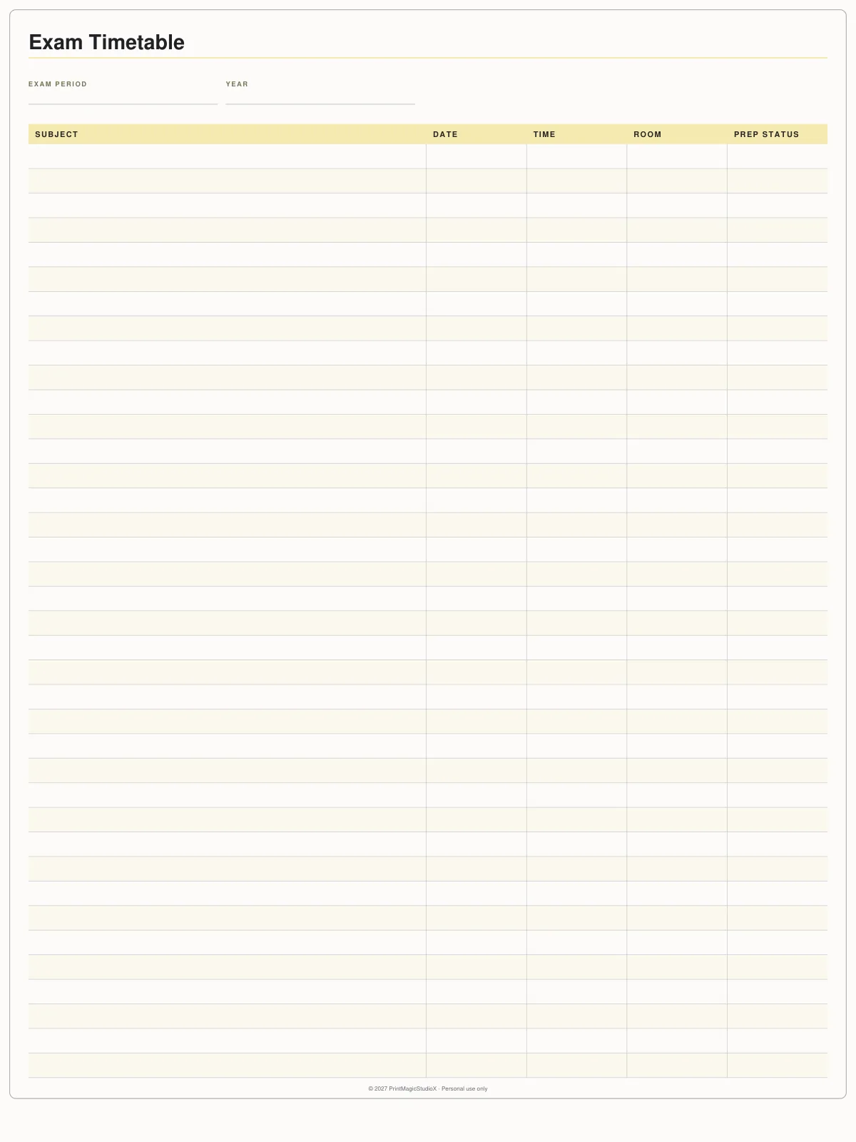 Exam Timetable: Each exam's subject, date, time, room and how ready you are.