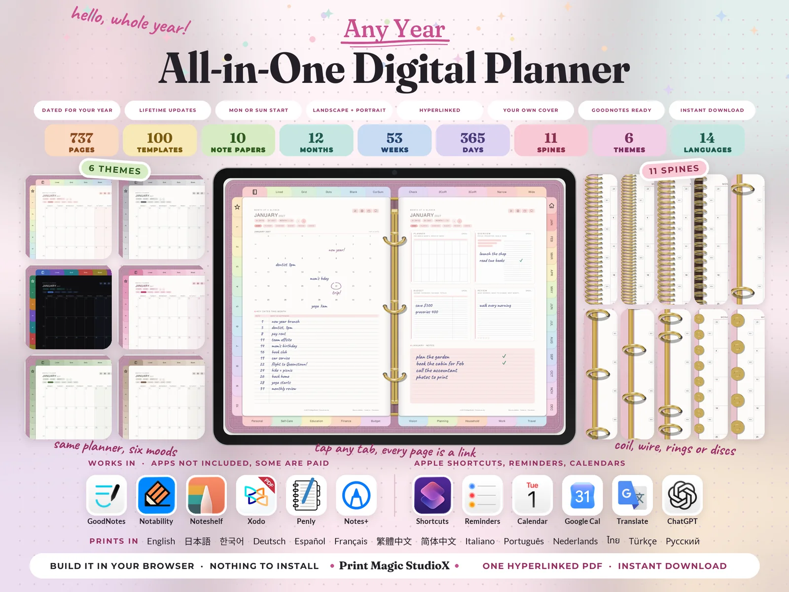 All-in-One Digital Planner: 737 pages, 100 templates, six themes, eleven spines and fourteen languages