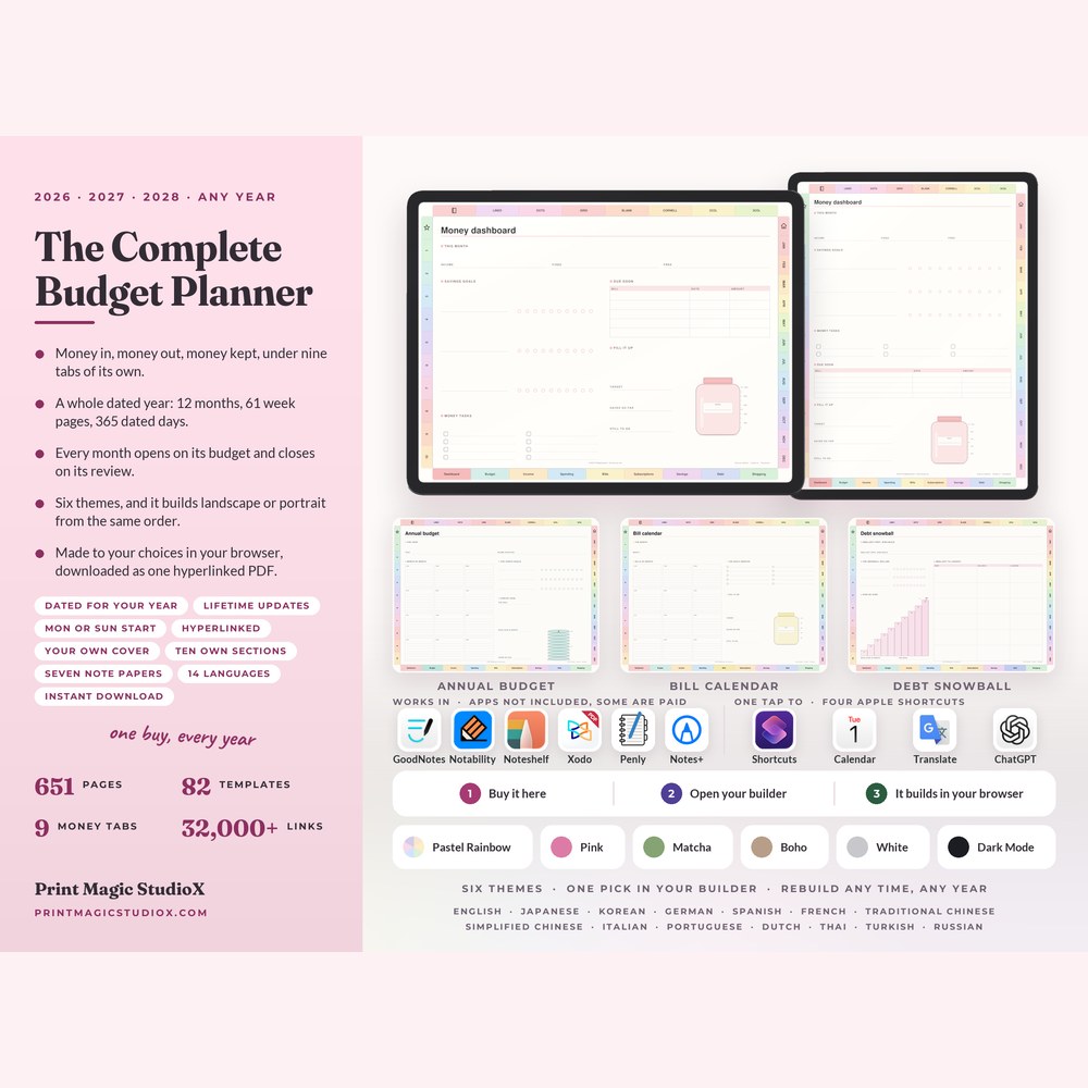 The Complete Budget Planner, cover and pages on a tablet