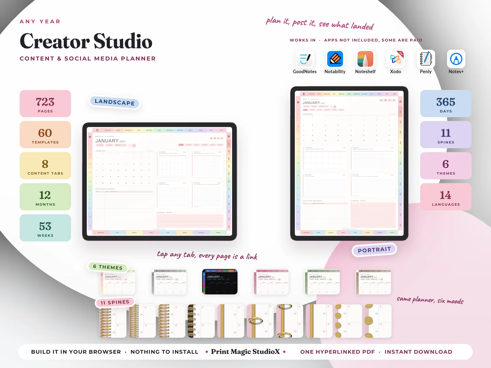 Creator Studio in landscape and portrait: 723 pages, 60 templates and 8 content tabs, in six themes and eleven spines