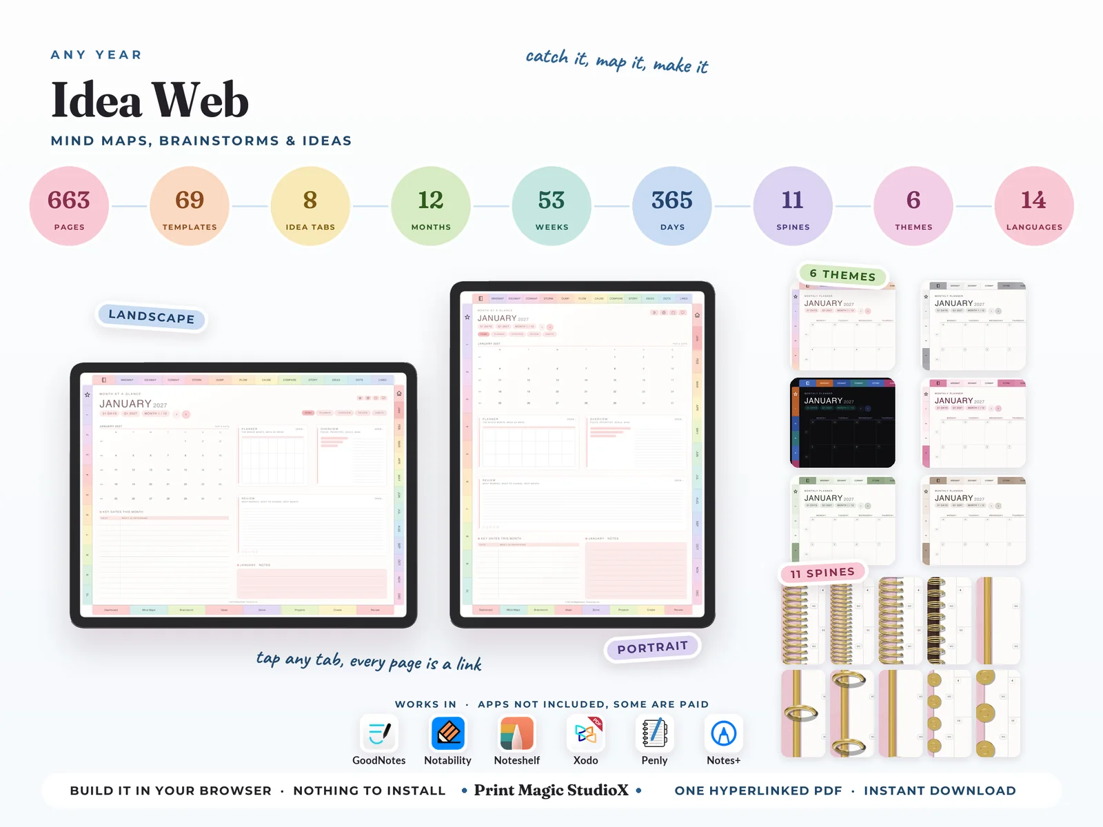 Idea Web in landscape and portrait: 663 pages, 69 templates and 8 idea tabs, in six themes and eleven spines