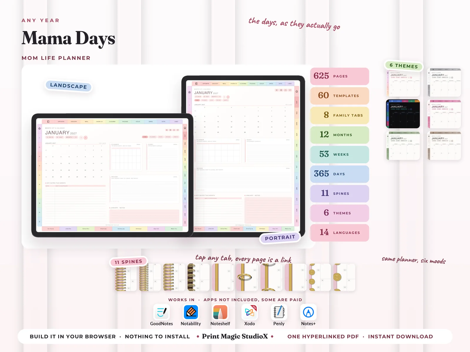 Mama Days in landscape and portrait: 625 pages, 60 templates and 8 family tabs, in six themes and eleven spines