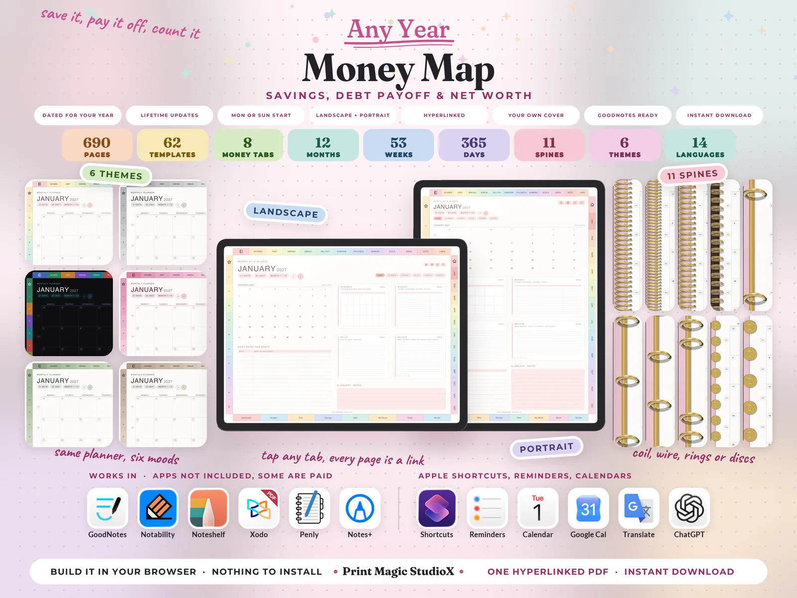 Money Map in landscape and portrait: 690 pages, 62 templates and 8 money tabs, in six themes and eleven spines