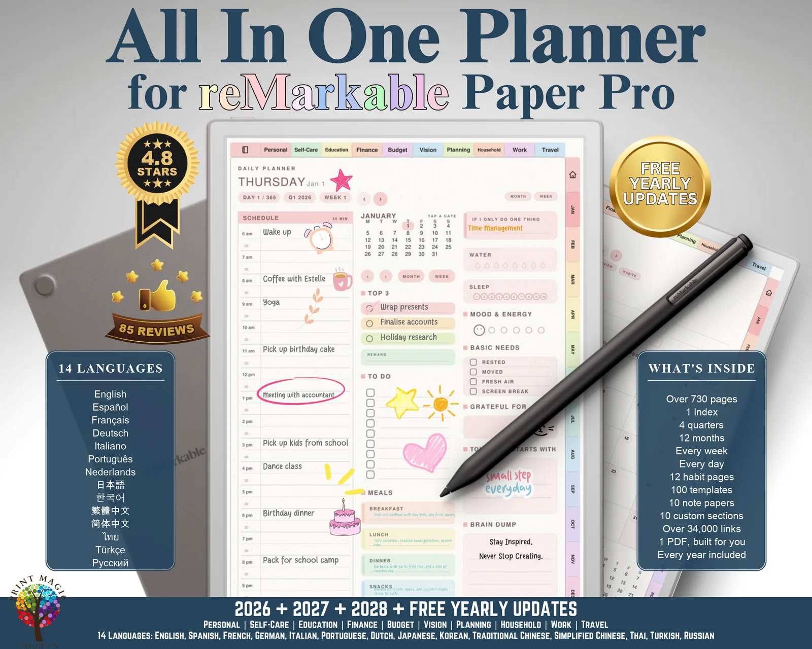 All-in-One Planner for reMarkable Paper Pro: over 730 pages, 100 templates, 14 languages, every year included