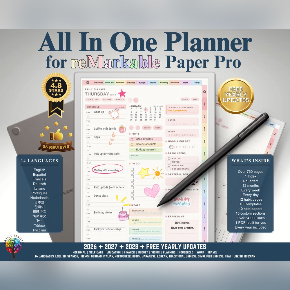All-in-One Planner for reMarkable Paper Pro, cover and pages on a tablet