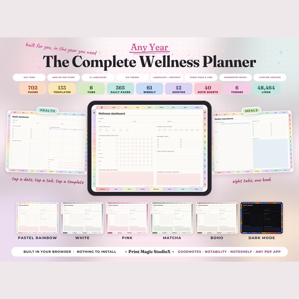 The Complete Wellness Planner, cover and pages on a tablet