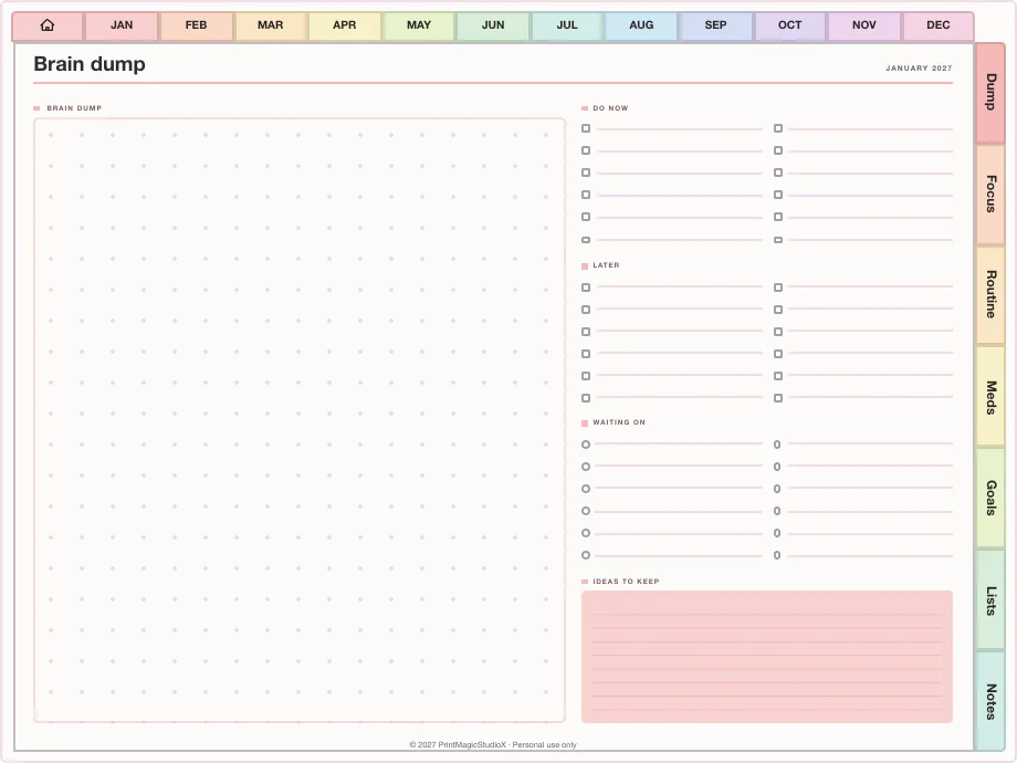 An ADHD planner's brain dump page, with every section one tap away down the edge