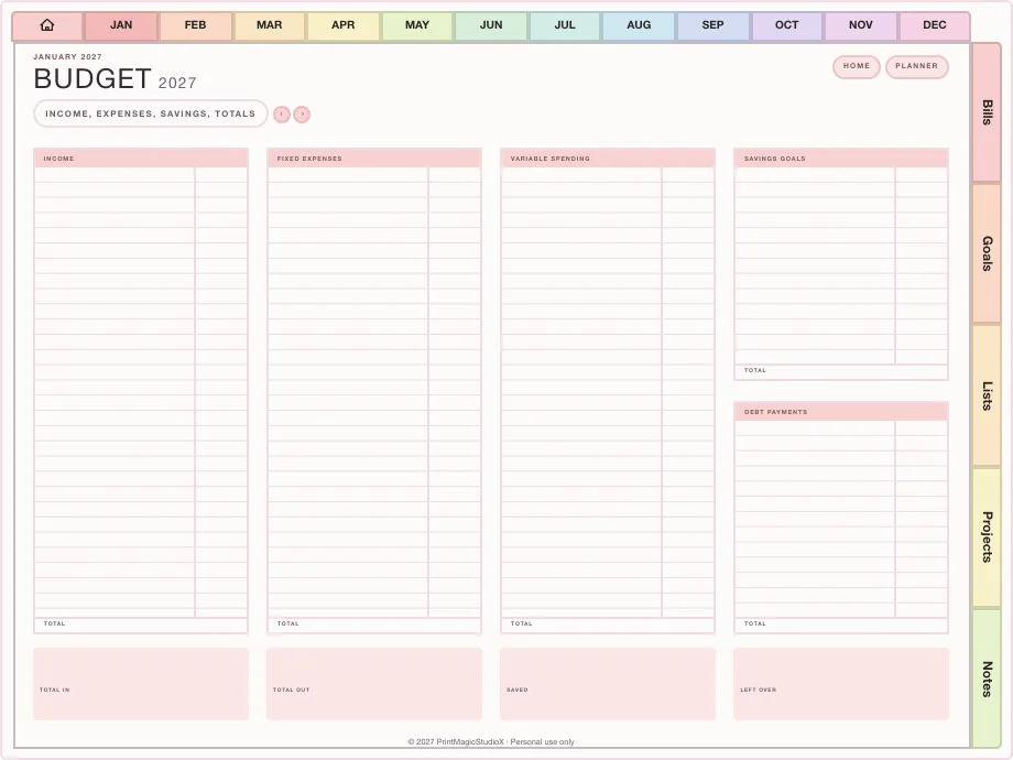 A finance planner's monthly budget page, with its sections down the side