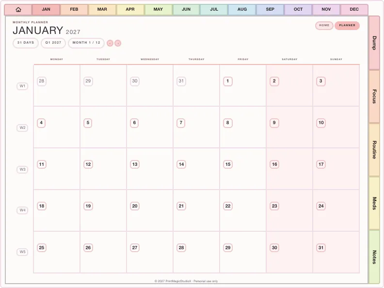 A month page from a dated digital planner, every date a link, with its sections down the side