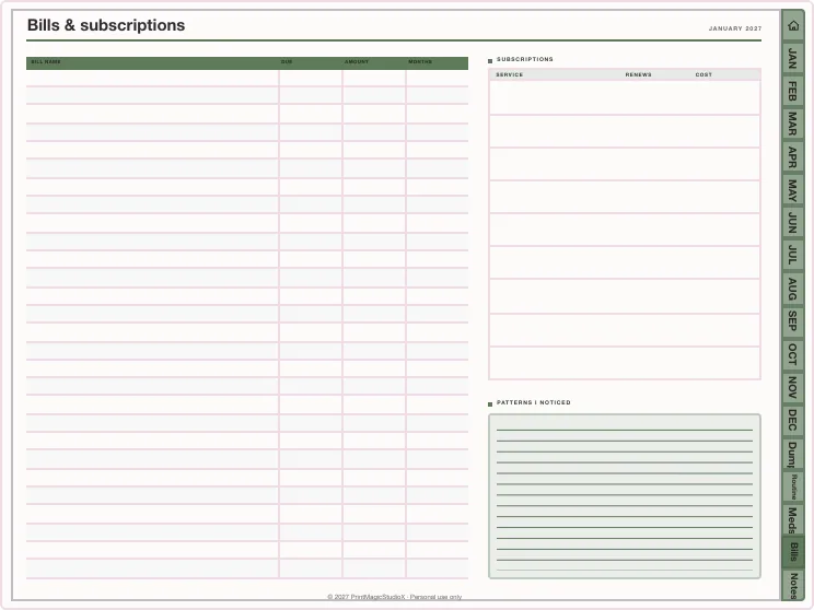 A finances table page with the planner's tabs down the side