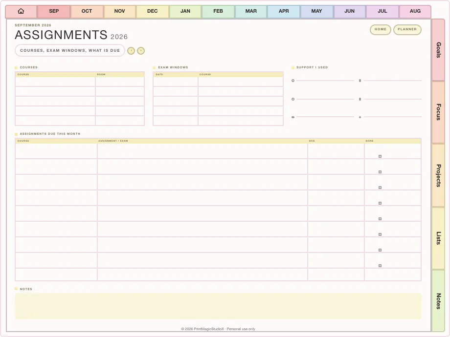 A study planner's assignments page for September, with its sections down the side
