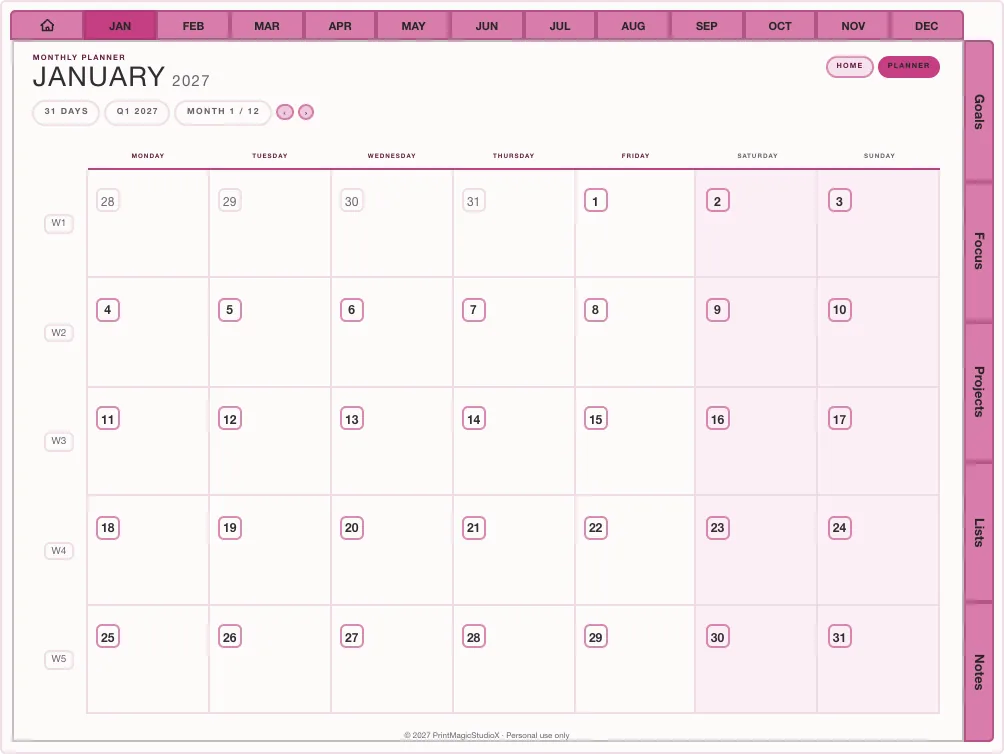 Study Planner: the month page it builds