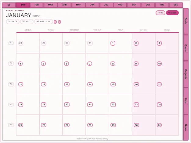 Study Planner: the month page it builds