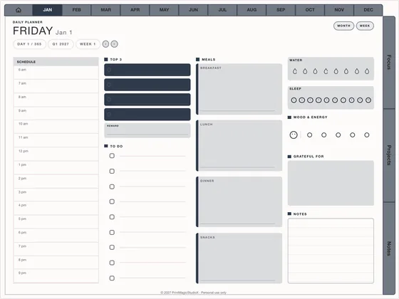 Hourly Day: Dated digital planner template for GoodNotes and iPad