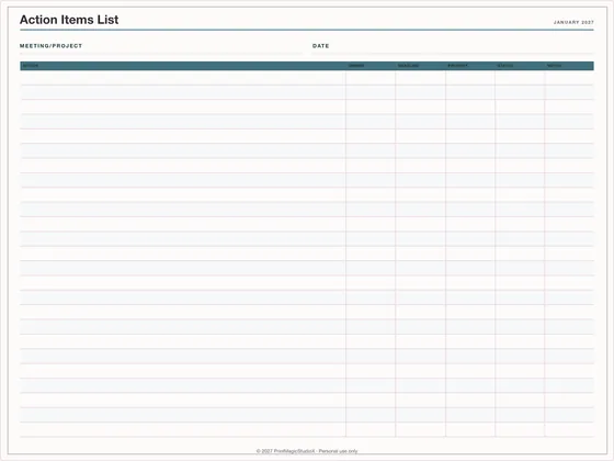 Action Items List: One-page planner template for GoodNotes, iPad and print
