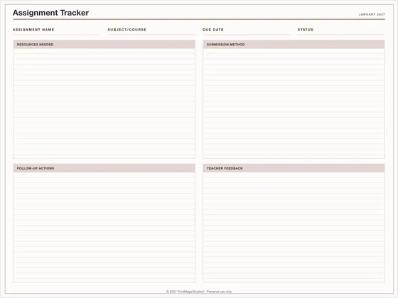 Assignment Tracker: One-page planner template for GoodNotes, iPad and print