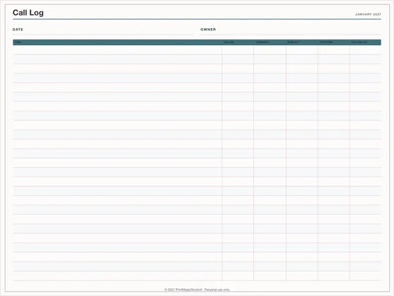 Call Log: One-page planner template for GoodNotes, iPad and print