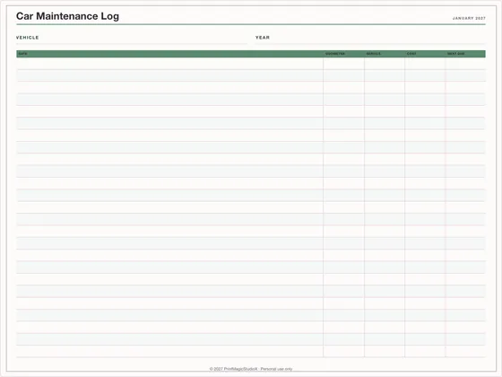 Car Maintenance Log: One-page planner template for GoodNotes, iPad and print
