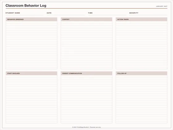 Classroom Behavior Log: One-page planner template for GoodNotes, iPad and print
