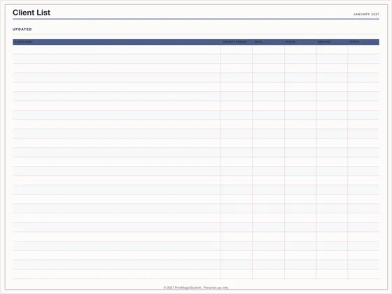 Client List: One-page planner template for GoodNotes, iPad and print