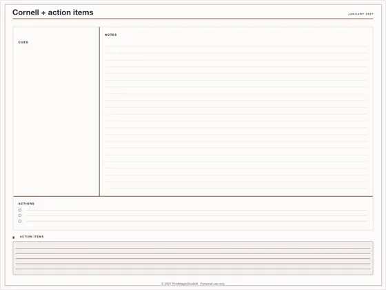 Cornell + action items: Note paper template for GoodNotes, iPad and print