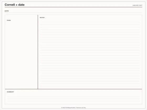 Cornell + date: Note paper template for GoodNotes, iPad and print