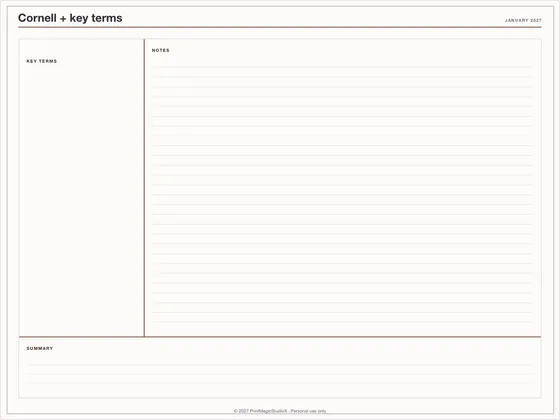 Cornell + key terms: Note paper template for GoodNotes, iPad and print