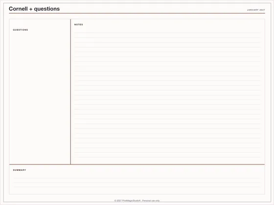 Cornell + questions: Note paper template for GoodNotes, iPad and print