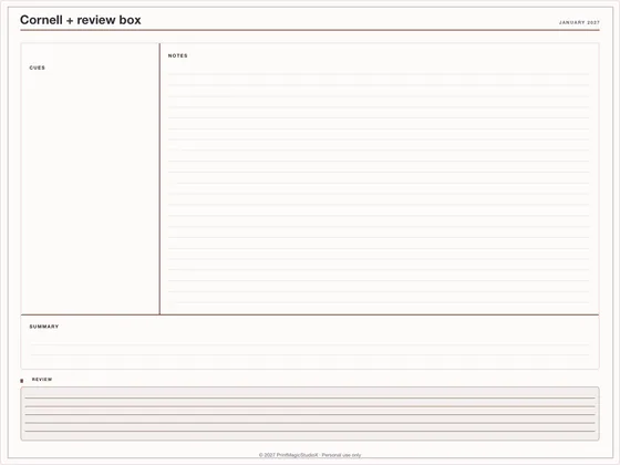 Cornell + review box: Note paper template for GoodNotes, iPad and print