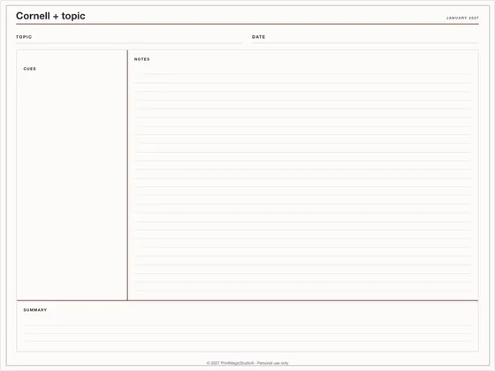 Cornell + topic: Note paper template for GoodNotes, iPad and print