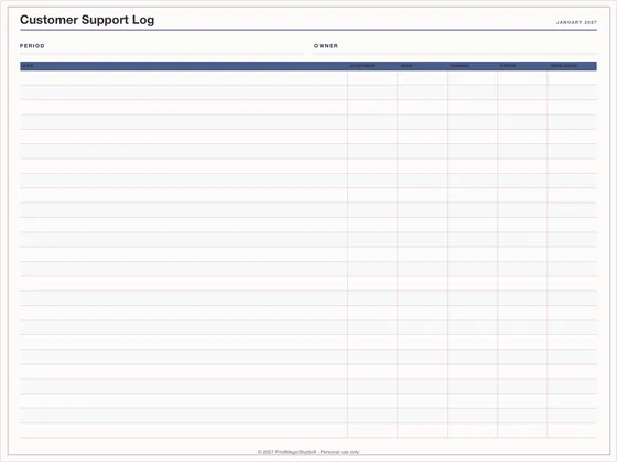 Customer Support Log: One-page planner template for GoodNotes, iPad and print