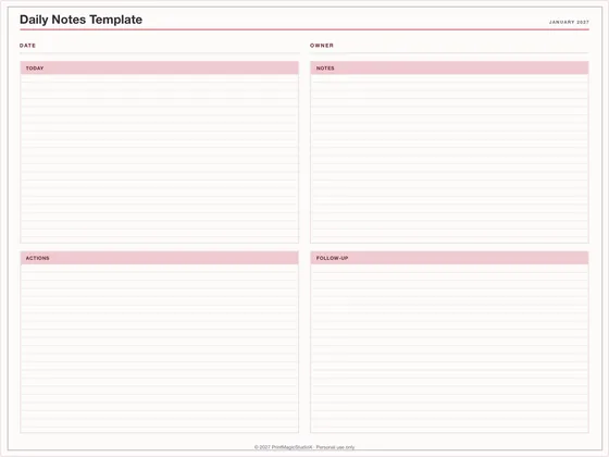 Daily Notes Template: One-page planner template for GoodNotes, iPad and print