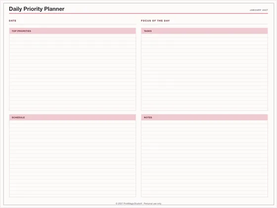 Daily Priority Planner: One-page planner template for GoodNotes, iPad and print