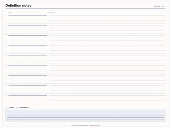 Definition notes: Note paper template for GoodNotes, iPad and print