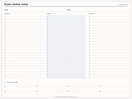 Exam review notes: Note paper template for GoodNotes, iPad and print