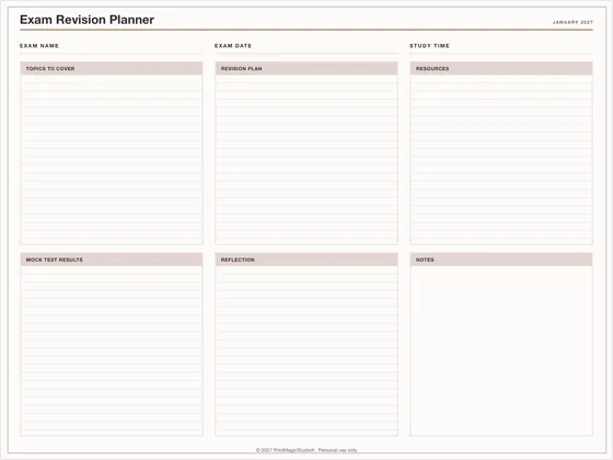 Exam Revision Planner: One-page planner template for GoodNotes, iPad and print