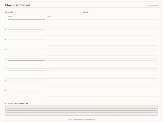 Flashcard Sheet: One-page planner template for GoodNotes, iPad and print