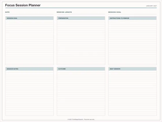 Focus Session Planner: One-page planner template for GoodNotes, iPad and print