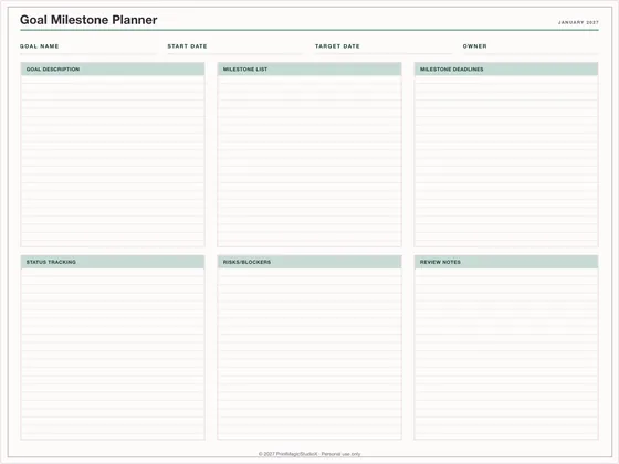 Goal Milestone Planner: One-page planner template for GoodNotes, iPad and print