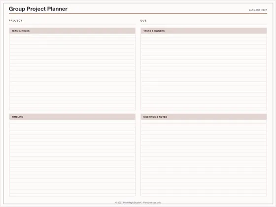 Group Project Planner: One-page planner template for GoodNotes, iPad and print