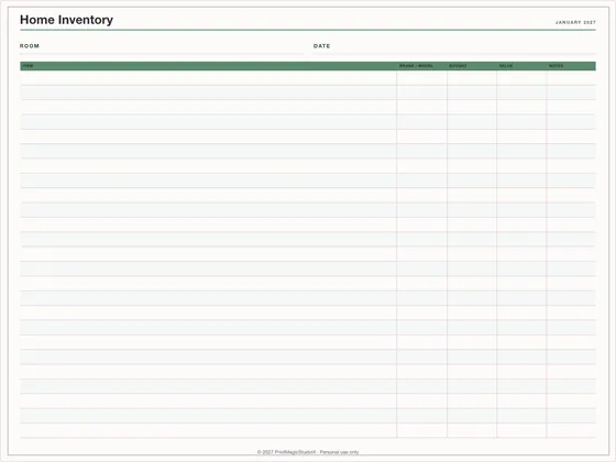 Home Inventory: One-page planner template for GoodNotes, iPad and print