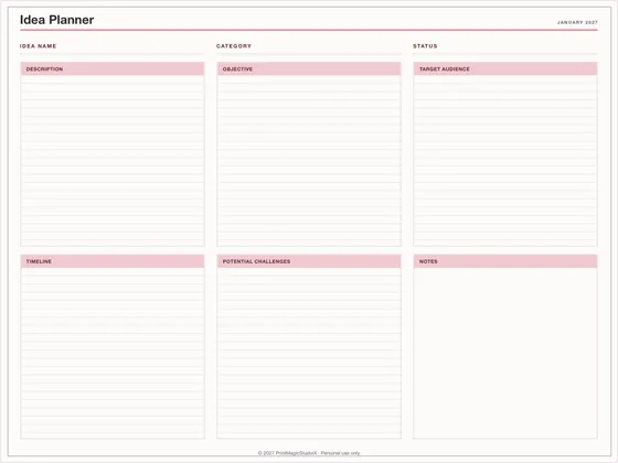 Idea Planner: One-page planner template for GoodNotes, iPad and print