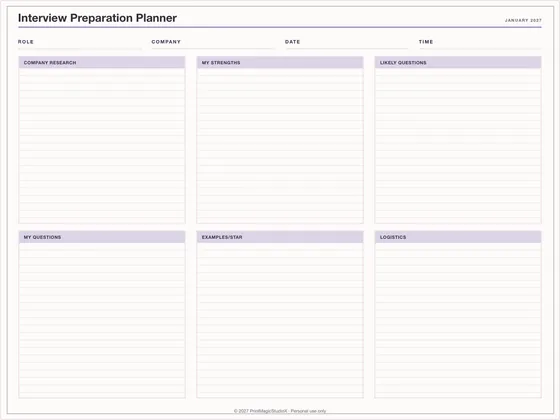 Interview Preparation Planner: One-page planner template for GoodNotes, iPad and print