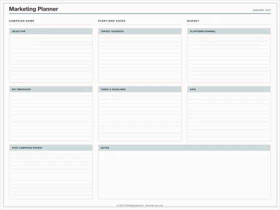 Marketing Planner: One-page planner template for GoodNotes, iPad and print
