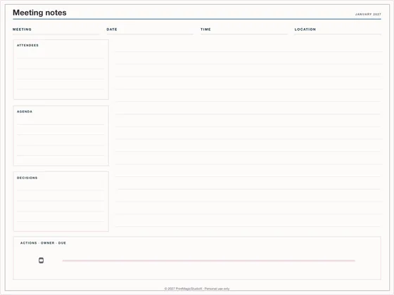 Meeting notes: Note paper template for GoodNotes, iPad and print
